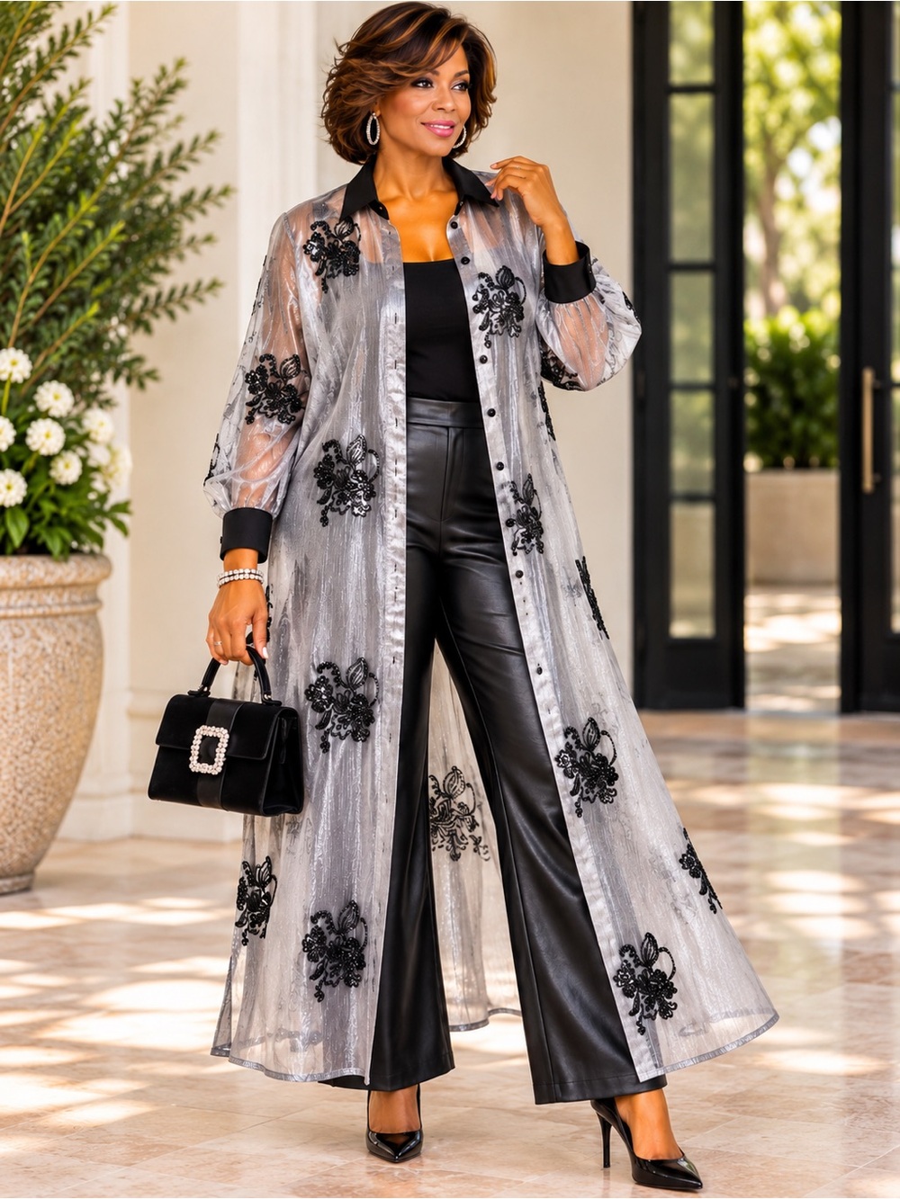 Love The Queen Sheer Silver Black Floral Embellished Long Duster by